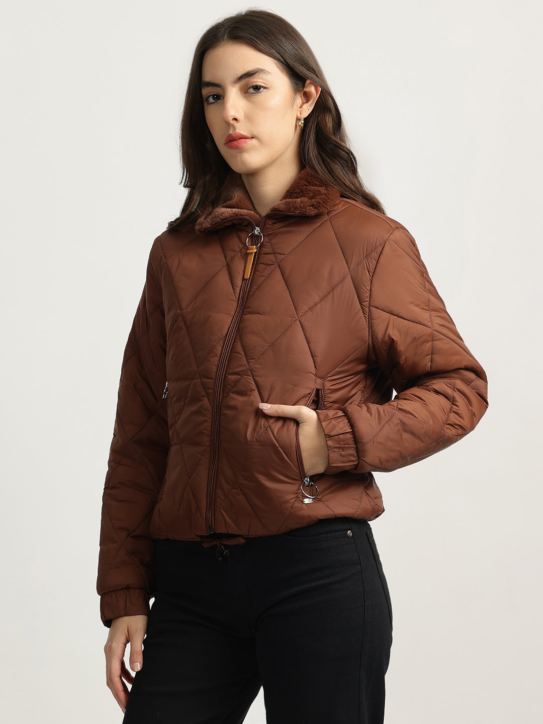 Elle Women Brown Solid Stand Collar Full Sleeves Quilted Jacket