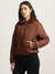 Elle Women Brown Solid Stand Collar Full Sleeves Quilted Jacket