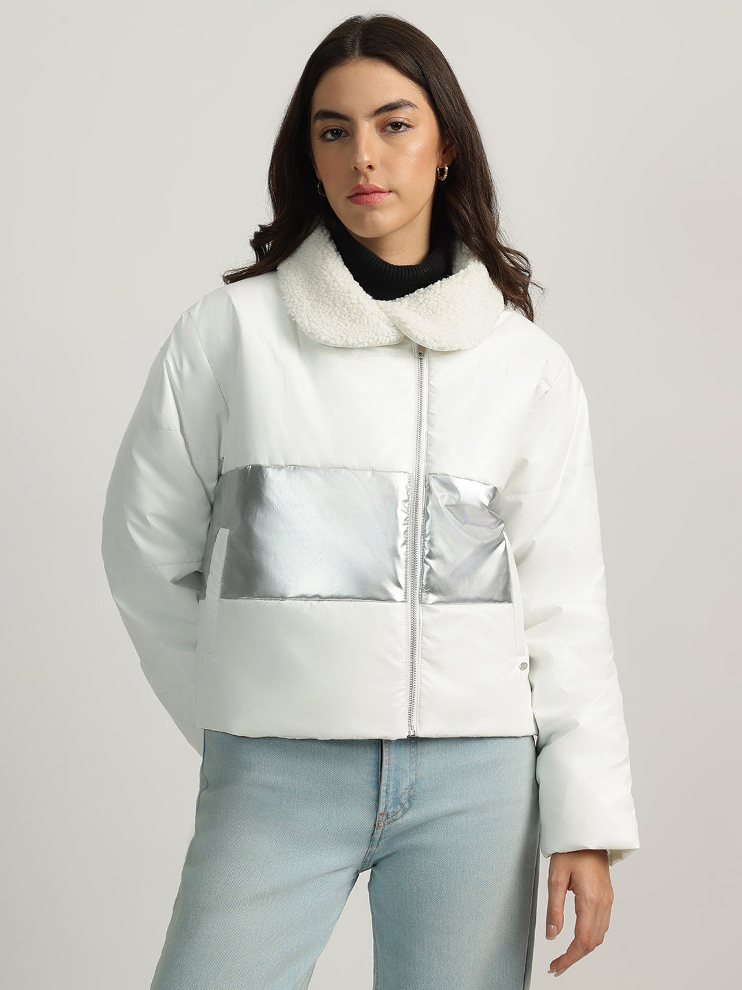 Elle Women White Color-Blocked Spread Collar Full Sleeves Puffer Jacket