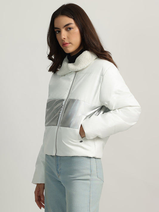 Elle Women White Color-Blocked Spread Collar Full Sleeves Puffer Jacket