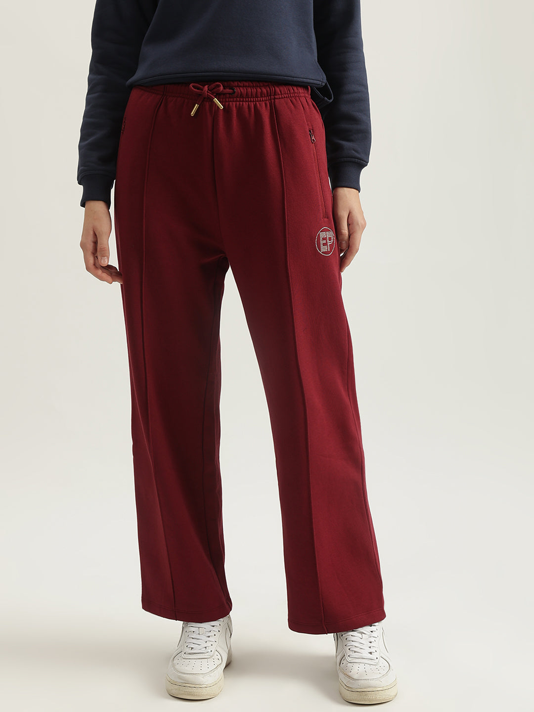 Elle Women Red Solid Straight Fit Mid-Rise Track Pant