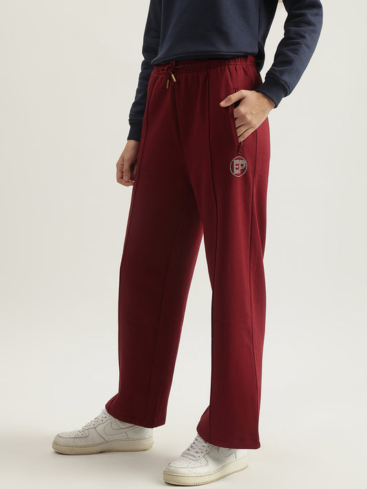 Elle Women Red Solid Straight Fit Mid-Rise Track Pant