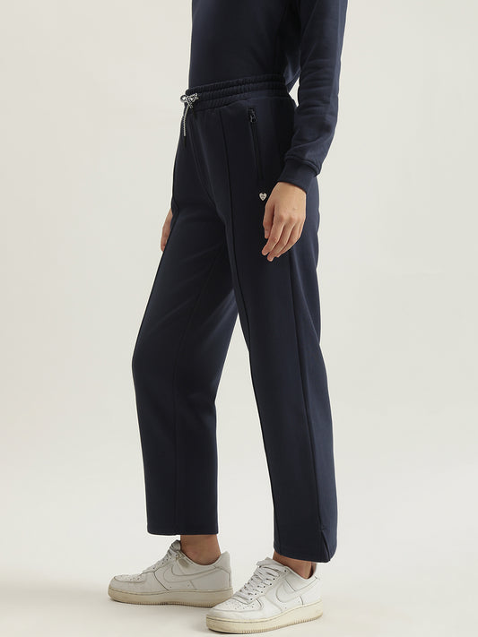 Elle Women Navy Solid Straight Fit Mid-Rise Track Pant