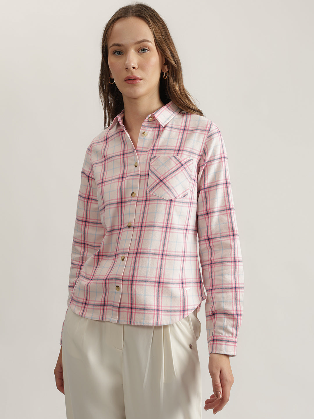 Elle Women Pink Checked Spread Collar Full Sleeves Shirt