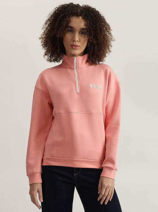 Elle Women Pink Solid High Neck Full Sleeves Sweatshirt