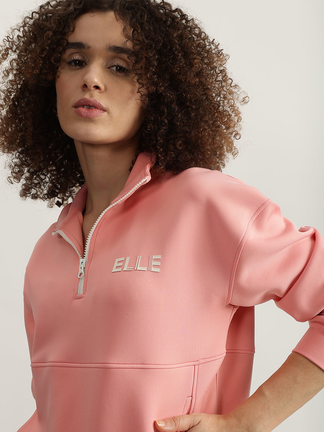 Elle Women Pink Solid High Neck Full Sleeves Sweatshirt