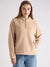 Elle Women Beige Self-Design Mock Neck Full Sleeves Sweatshirt