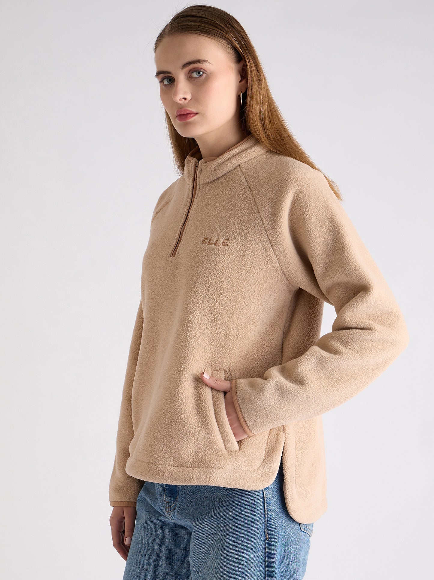 Elle Women Beige Self-Design Mock Neck Full Sleeves Sweatshirt