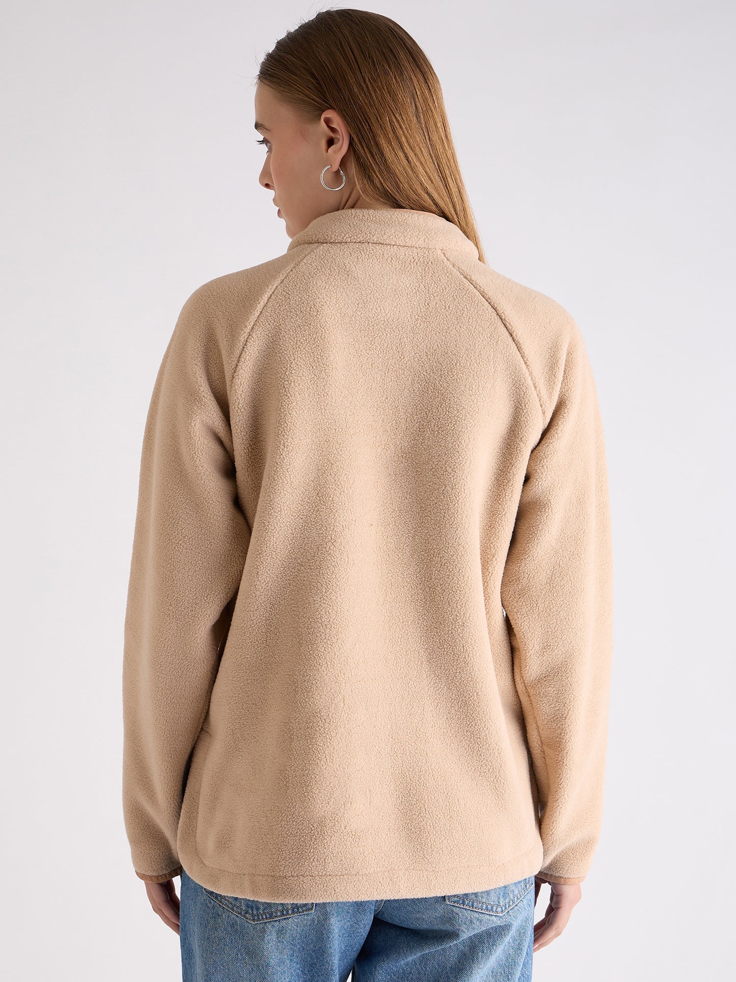 Elle Women Beige Self-Design Mock Neck Full Sleeves Sweatshirt