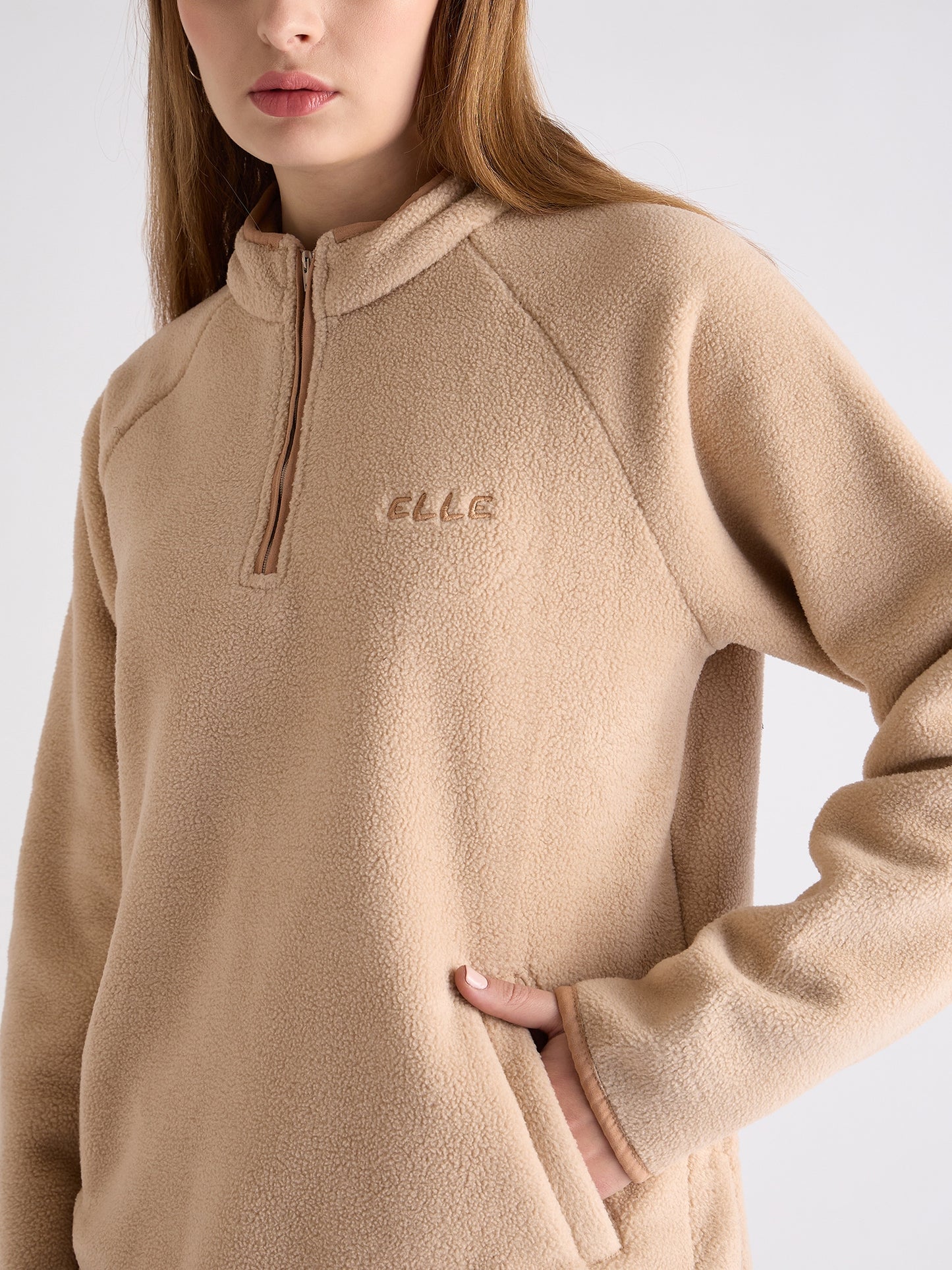 Elle Women Beige Self-Design Mock Neck Full Sleeves Sweatshirt