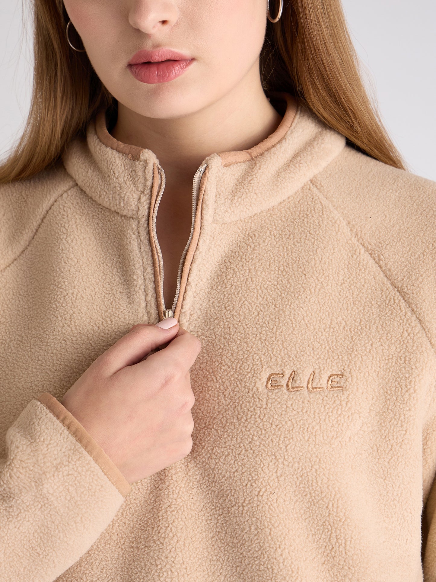 Elle Women Beige Self-Design Mock Neck Full Sleeves Sweatshirt