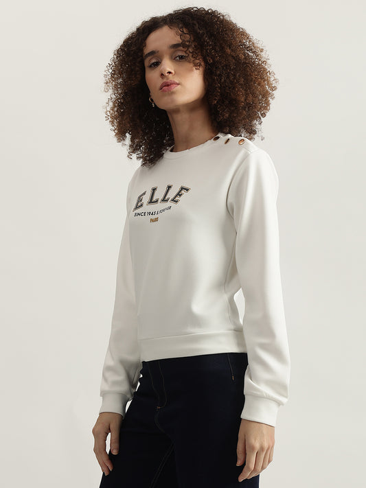 Elle Women White Solid Round Neck Full Sleeves Sweatshirt