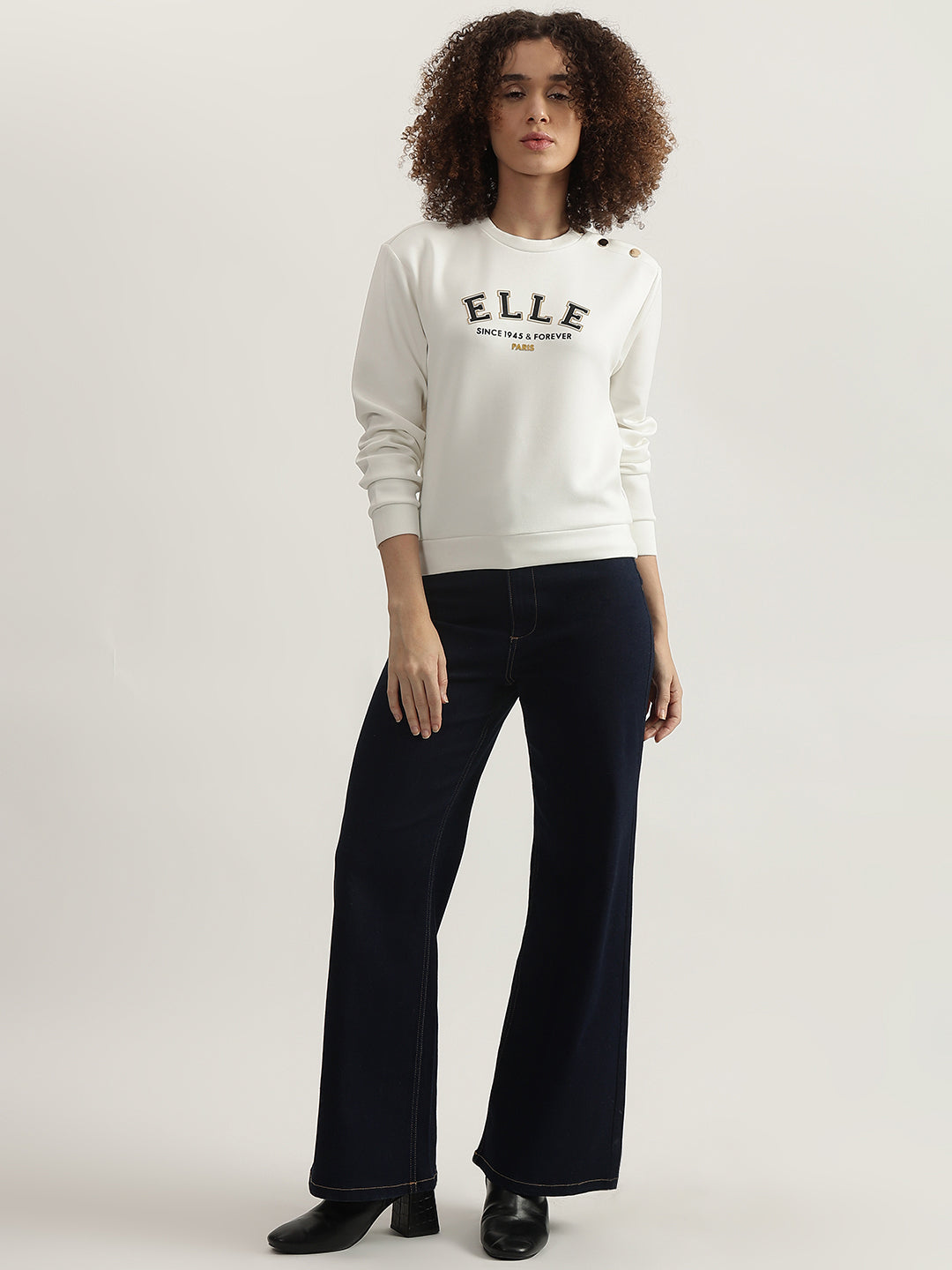 Elle Women White Solid Round Neck Full Sleeves Sweatshirt