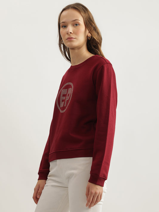 Elle Women Maroon Solid Round Neck Full Sleeves Pullover Style Sweatshirt