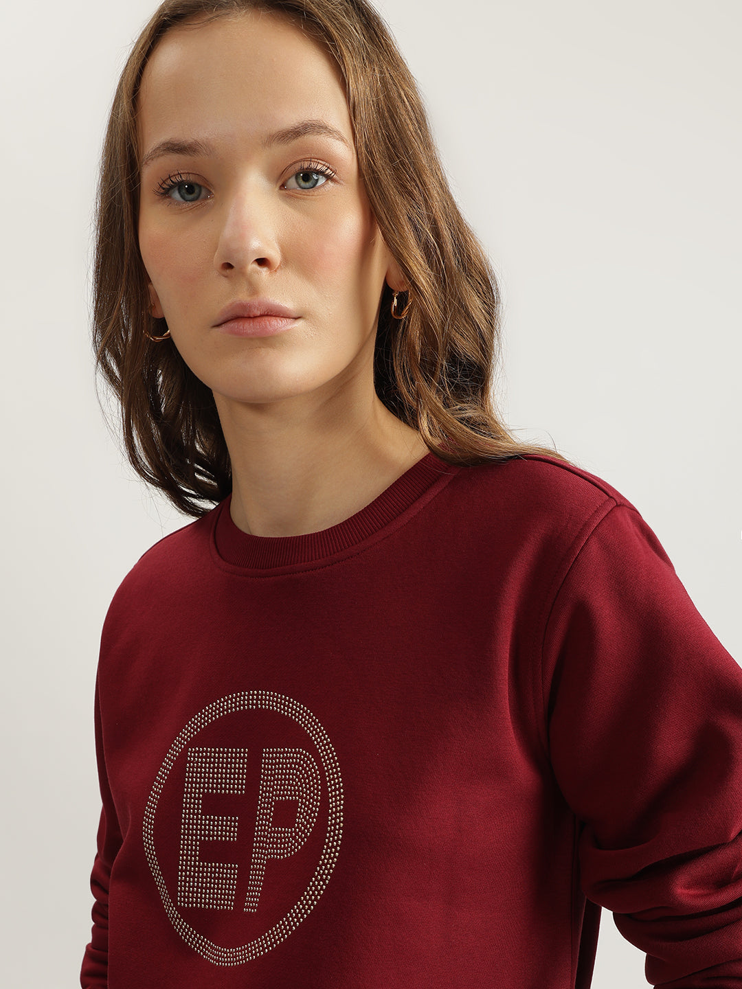 Elle Women Maroon Solid Round Neck Full Sleeves Pullover Style Sweatshirt