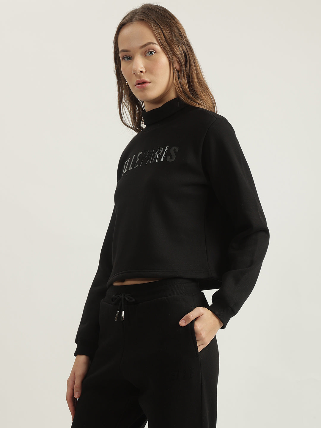 Elle Women Black Solid Turtle Neck Full Sleeves Pullover Style Sweatshirt