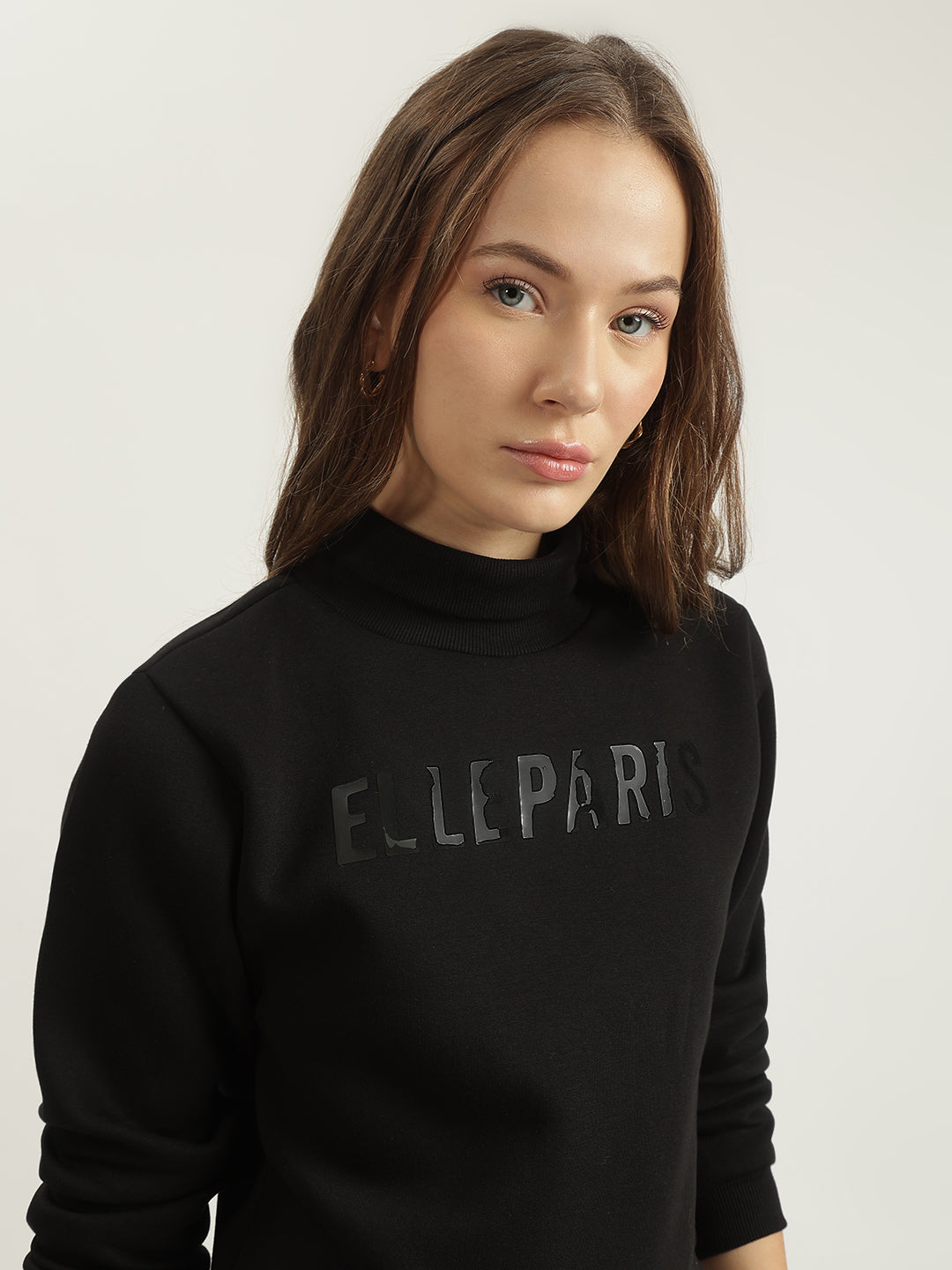 Elle Women Black Solid Turtle Neck Full Sleeves Pullover Style Sweatshirt