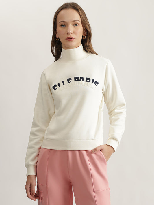 Elle Women Off White Solid High Neck Full Sleeves Sweatshirt