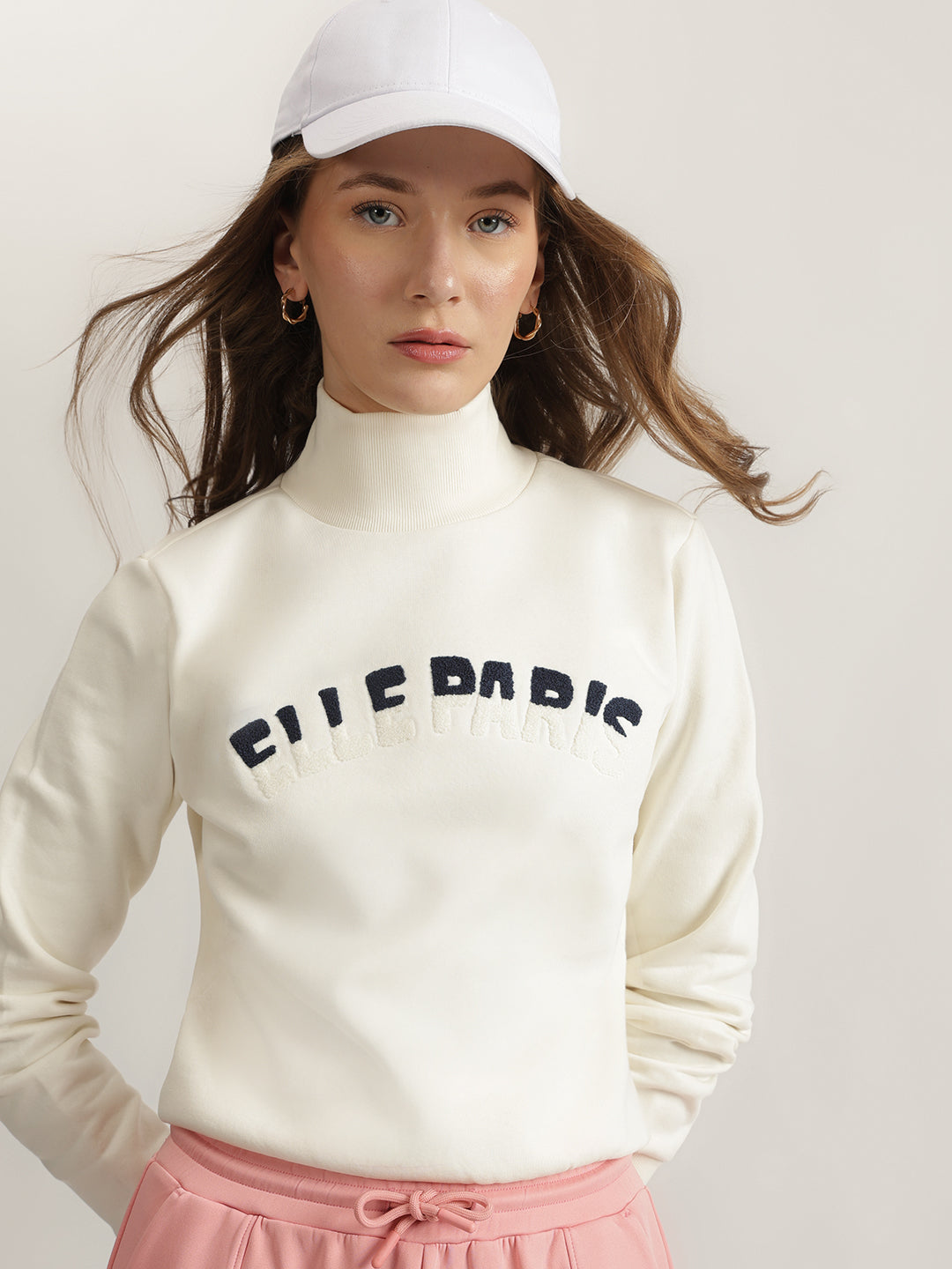 Elle Women Off White Solid High Neck Full Sleeves Sweatshirt