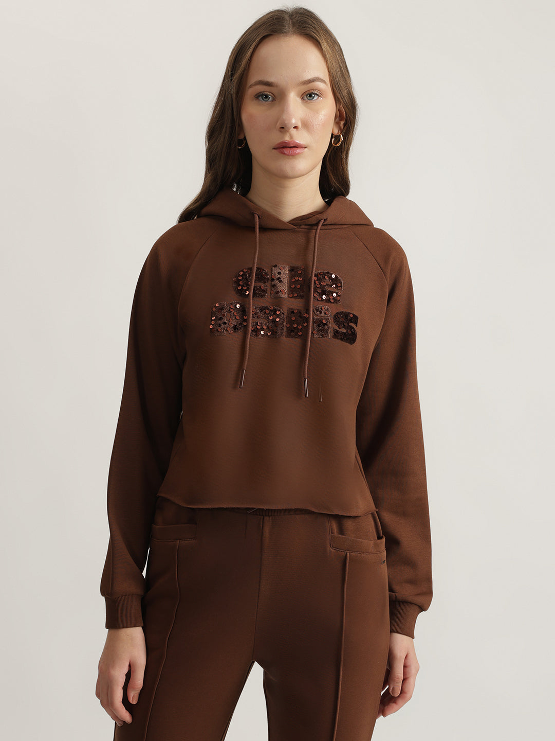 Elle Women Brown Embellished Hooded Full Sleeves Sweatshirt