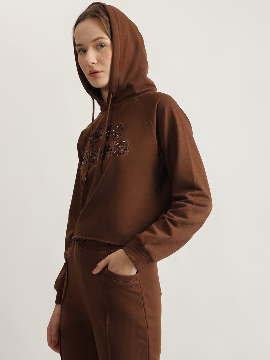 Elle Women Brown Embellished Hooded Full Sleeves Sweatshirt