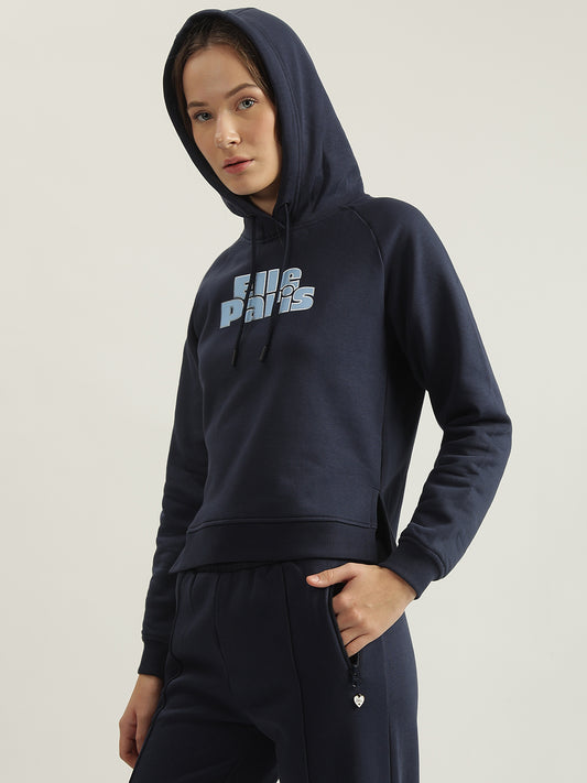 Elle Women Navy Blue Solid Hooded Full Sleeves Sweatshirt