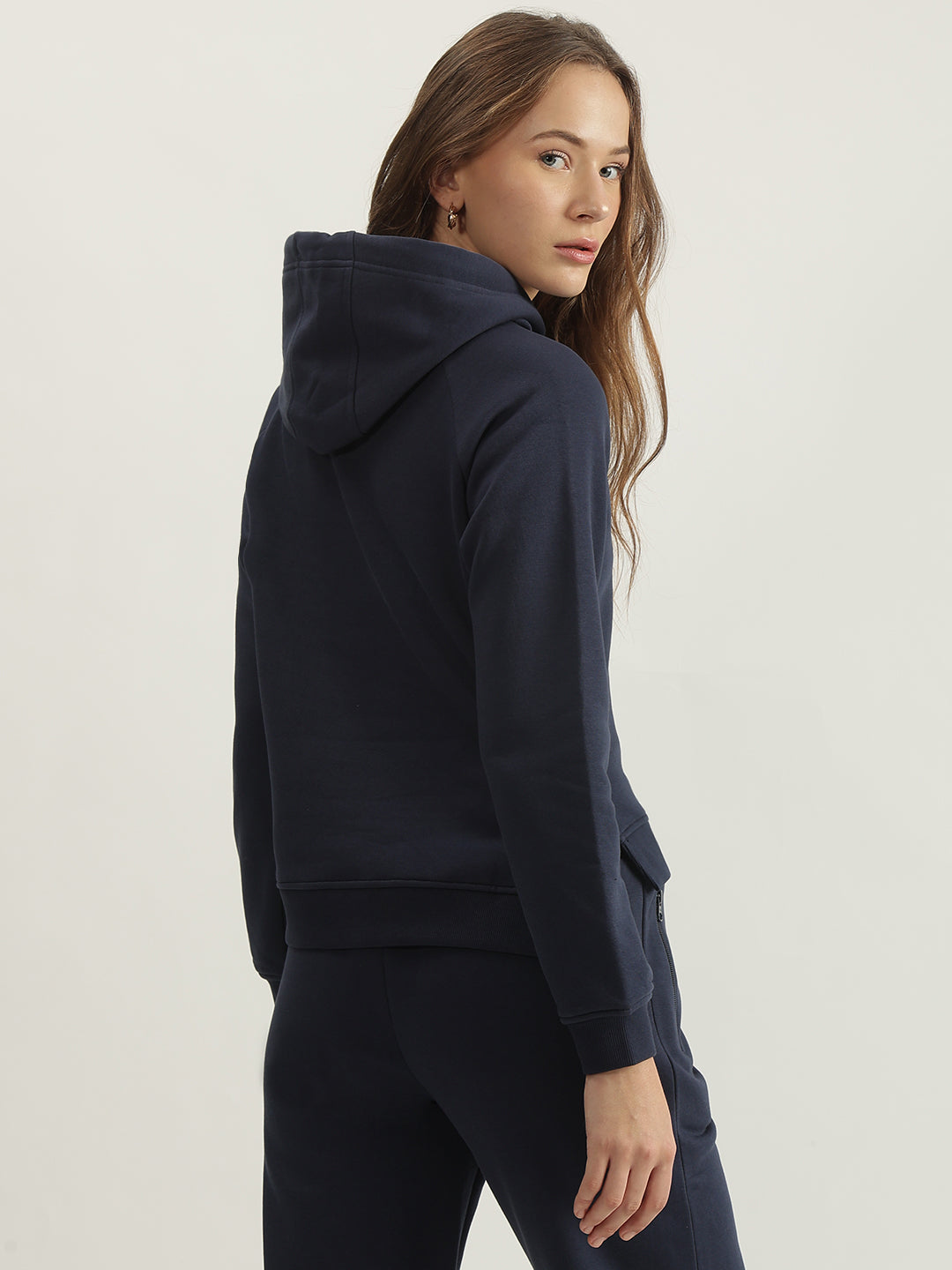 Elle Women Navy Blue Solid Hooded Full Sleeves Sweatshirt