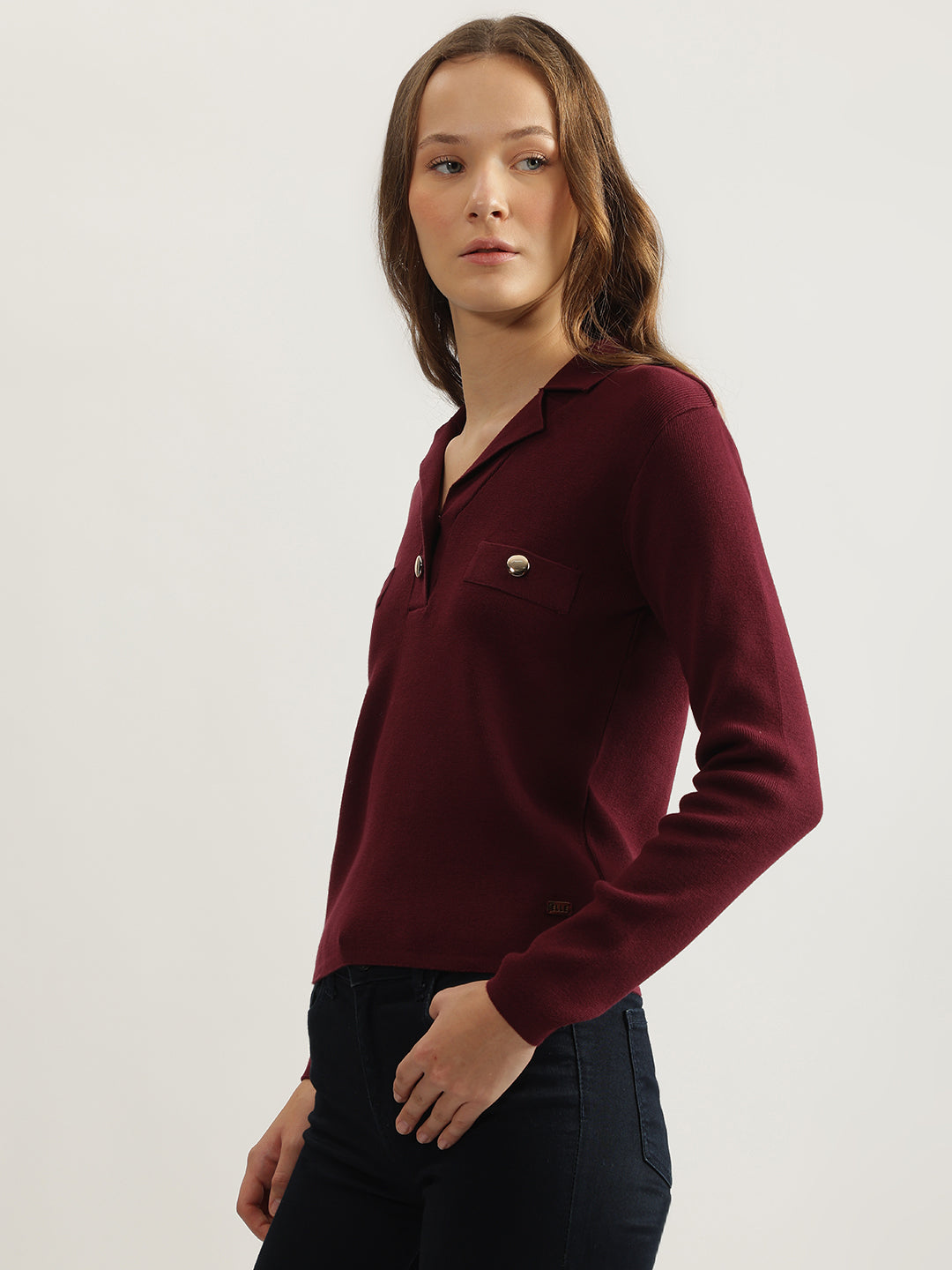 Elle Women Wine Solid Notched Collar Full Sleeves Pullover Style Sweater