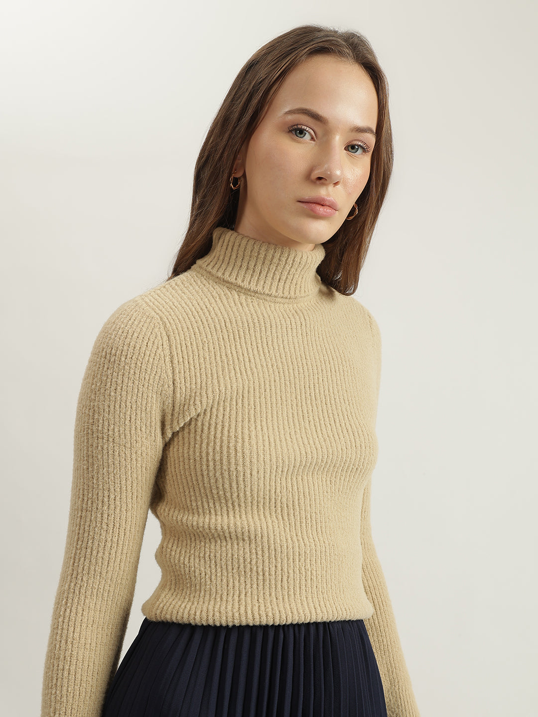 Elle Women Beige Ribbed Turtle Neck Full Sleeves Pullover Style Sweater