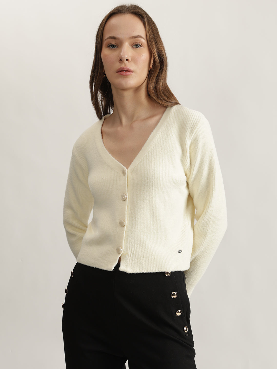 Elle Women Cream Solid V-Neck Full Sleeves Cardigan