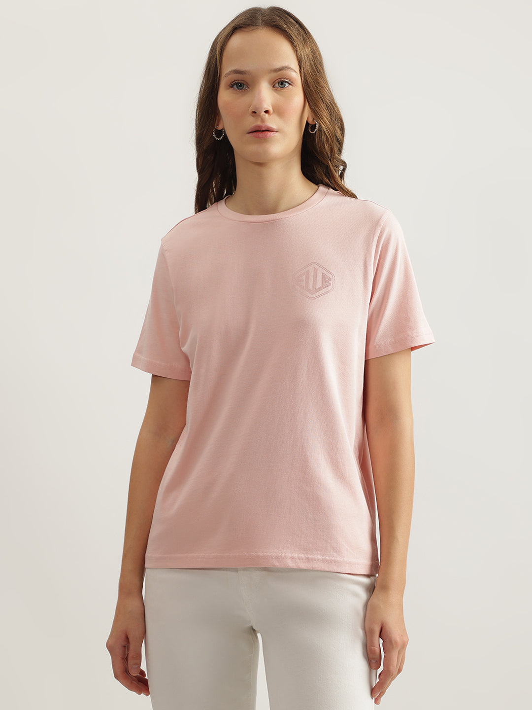 Elle Women Pink Solid Round Neck Short Sleeves T-Shirt