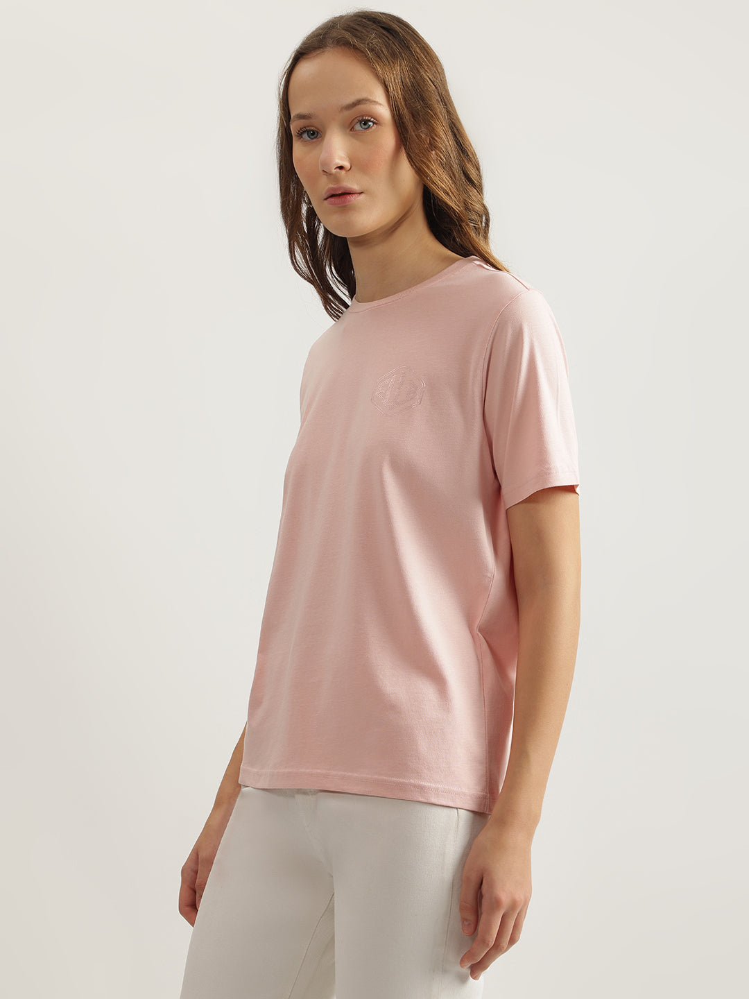 Elle Women Pink Solid Round Neck Short Sleeves T-Shirt