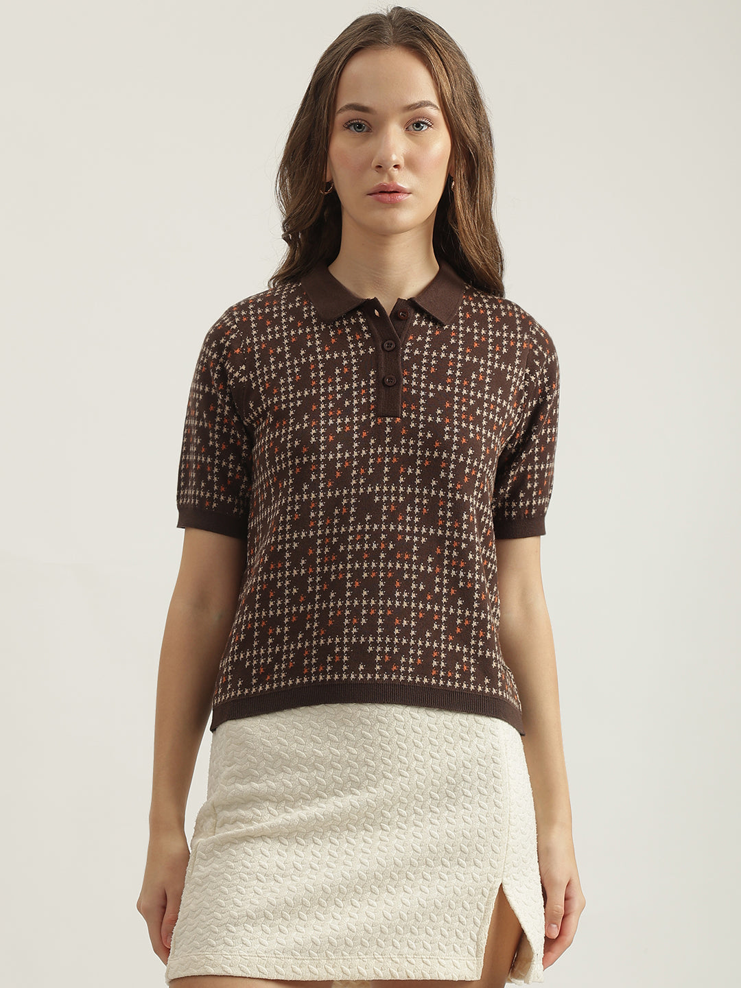 Elle Women Brown Printed Polo Collar Short Sleeves T-Shirt