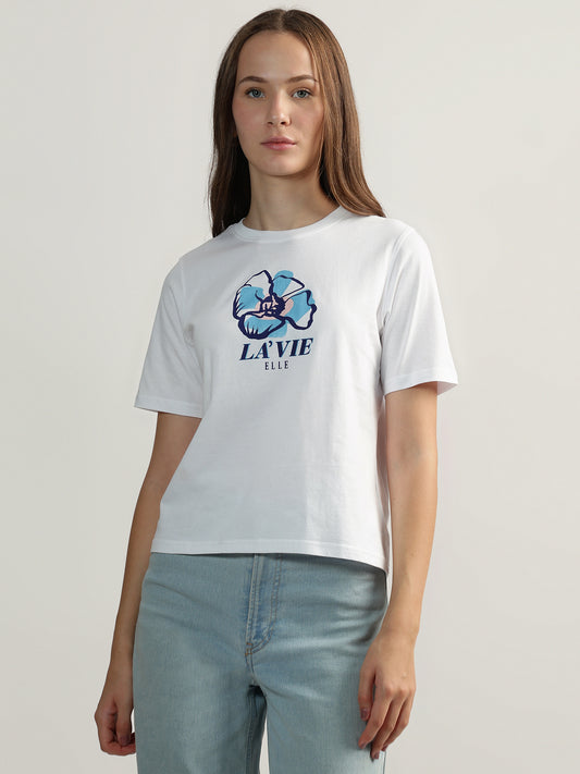 Elle Women Off White Printed Round Neck Short Sleeves T-Shirt