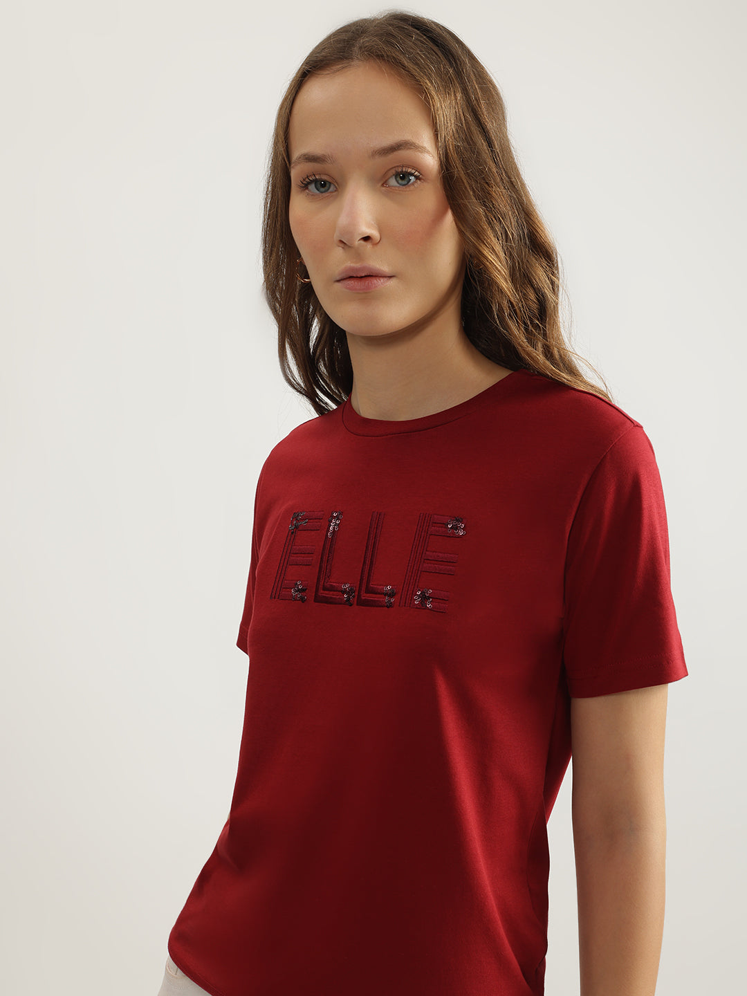 Elle Women Red Solid Round Neck Short Sleeves T-Shirt