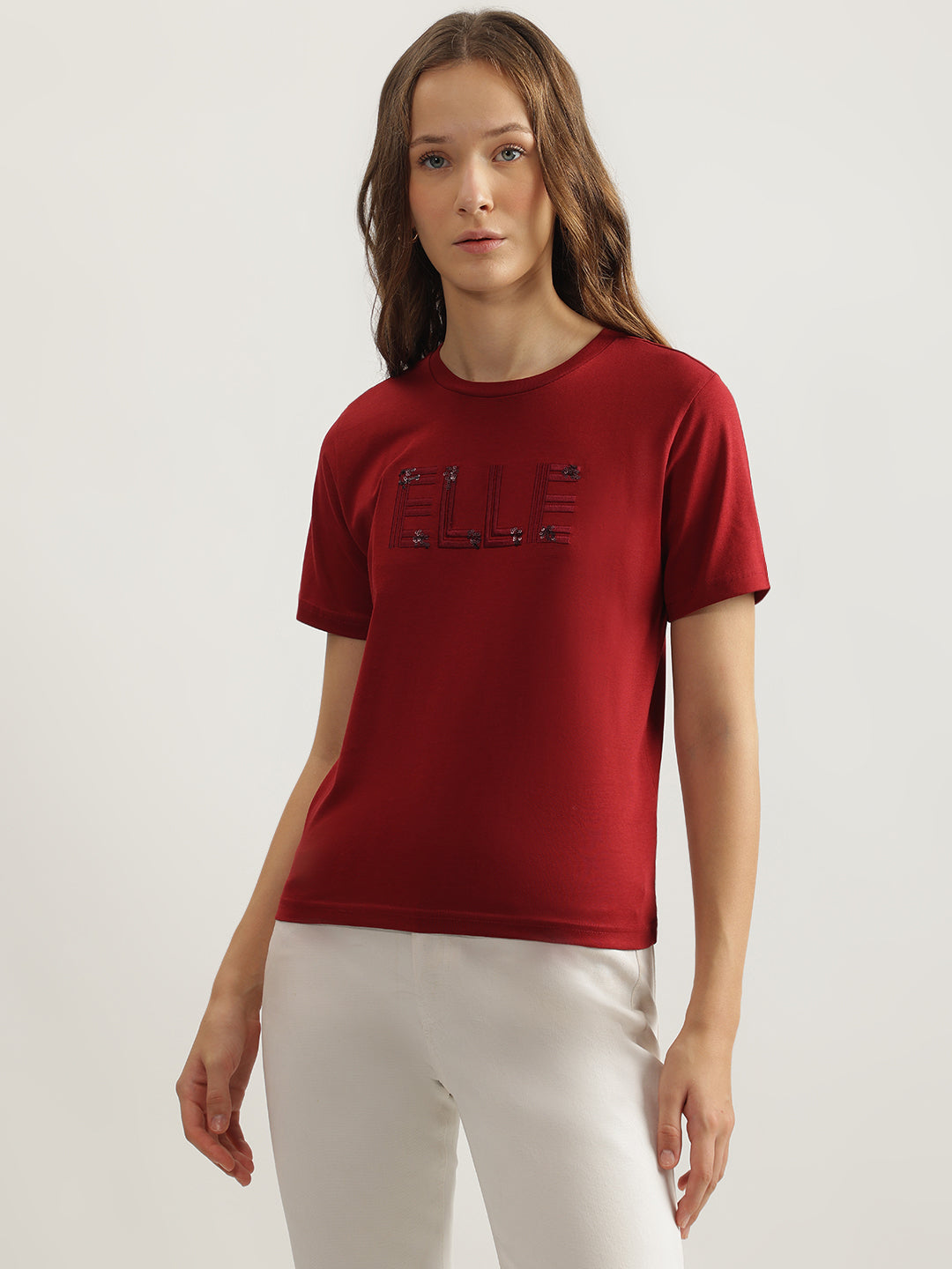 Elle Women Red Solid Round Neck Short Sleeves T-Shirt