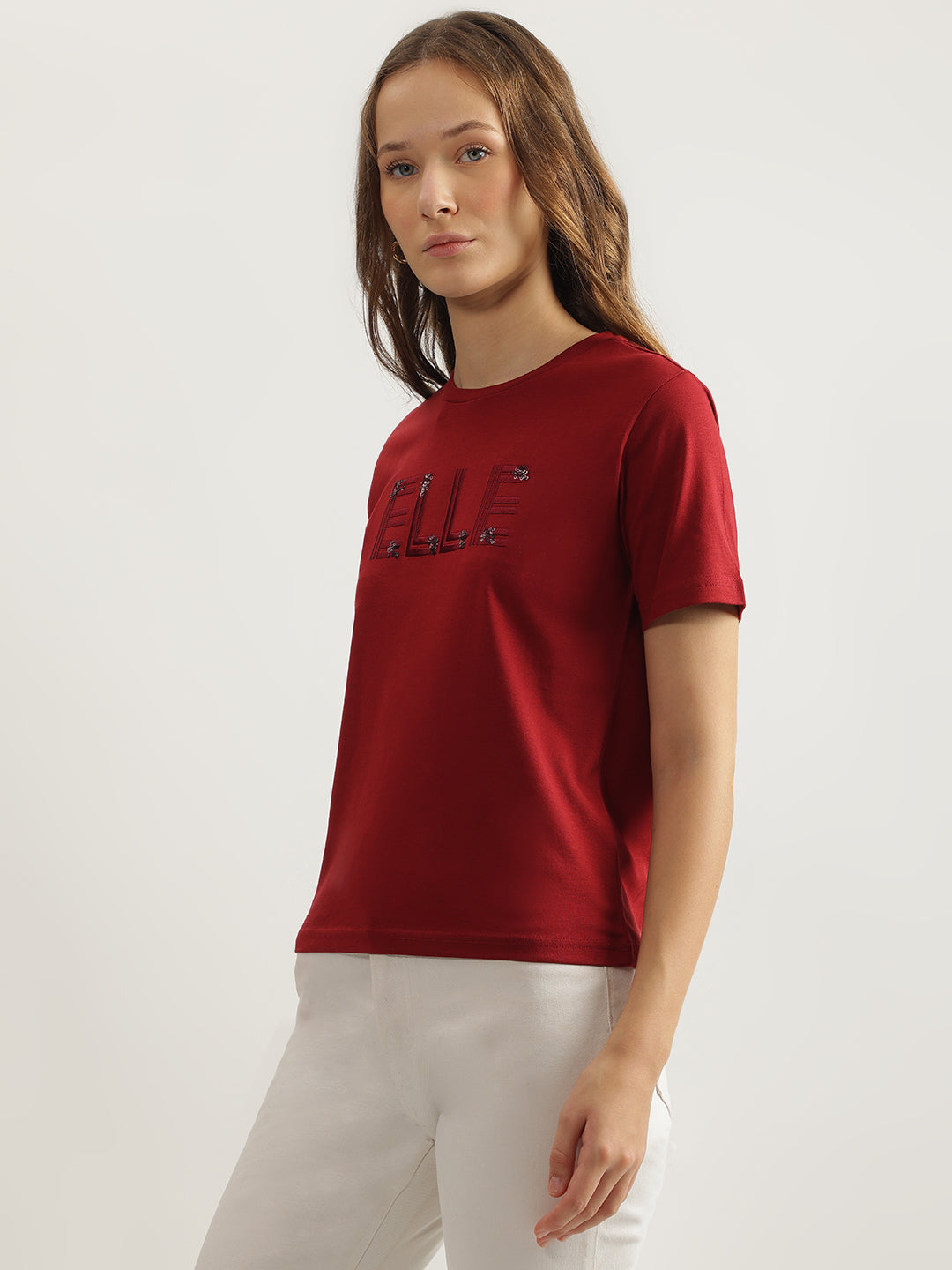 Elle Women Red Solid Round Neck Short Sleeves T-Shirt