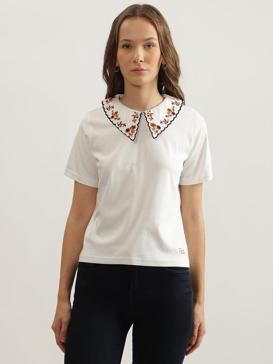 Elle Women Off White Solid Peter Pan Collar Short Sleeves T-Shirt