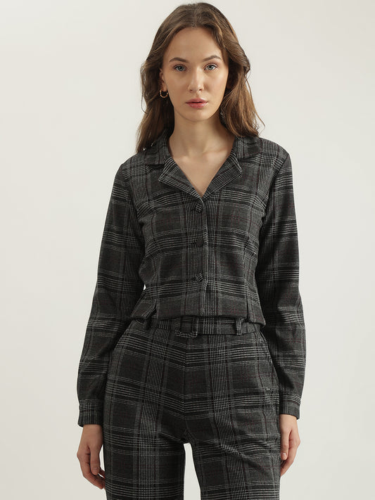 Elle Women Grey Checked Notched Lapel Collar Full Sleeves Single Breasted Blazer