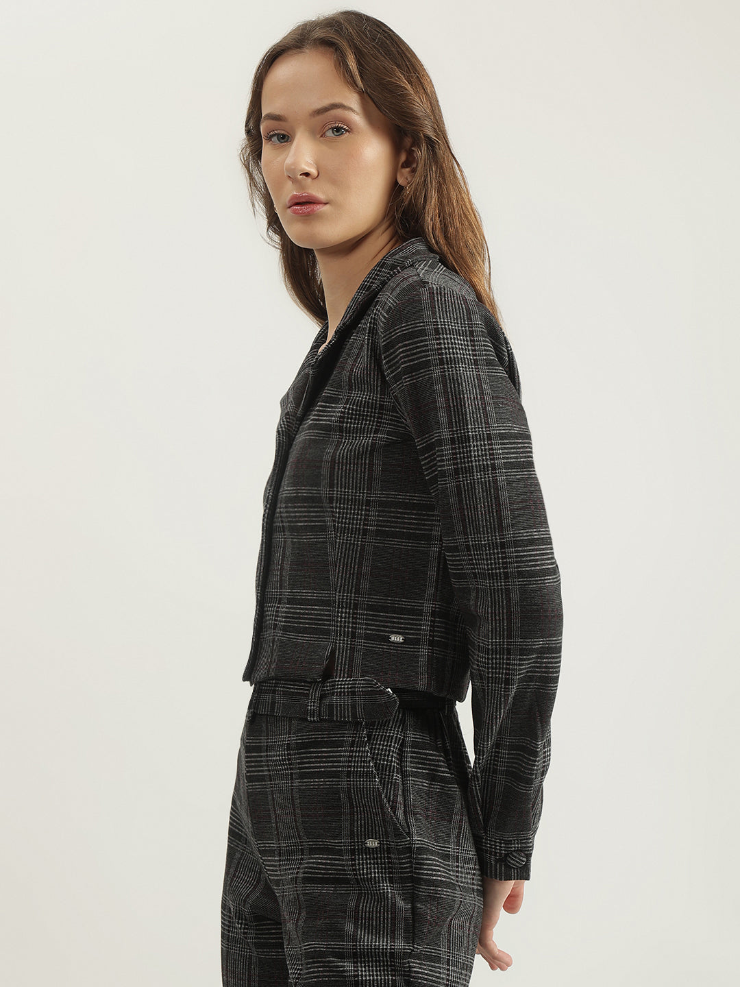 Elle Women Grey Checked Notched Lapel Collar Full Sleeves Single Breasted Blazer