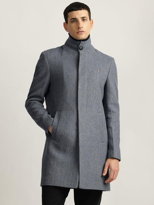 Iconic Men Grey Solid Stand Collar Full Sleeves Coat