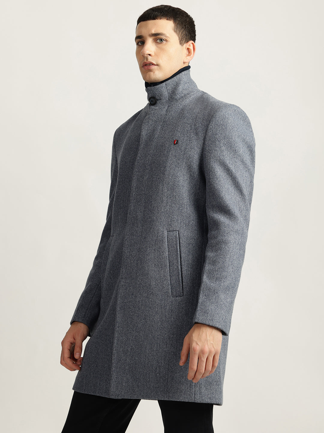 Iconic Men Grey Solid Stand Collar Full Sleeves Coat