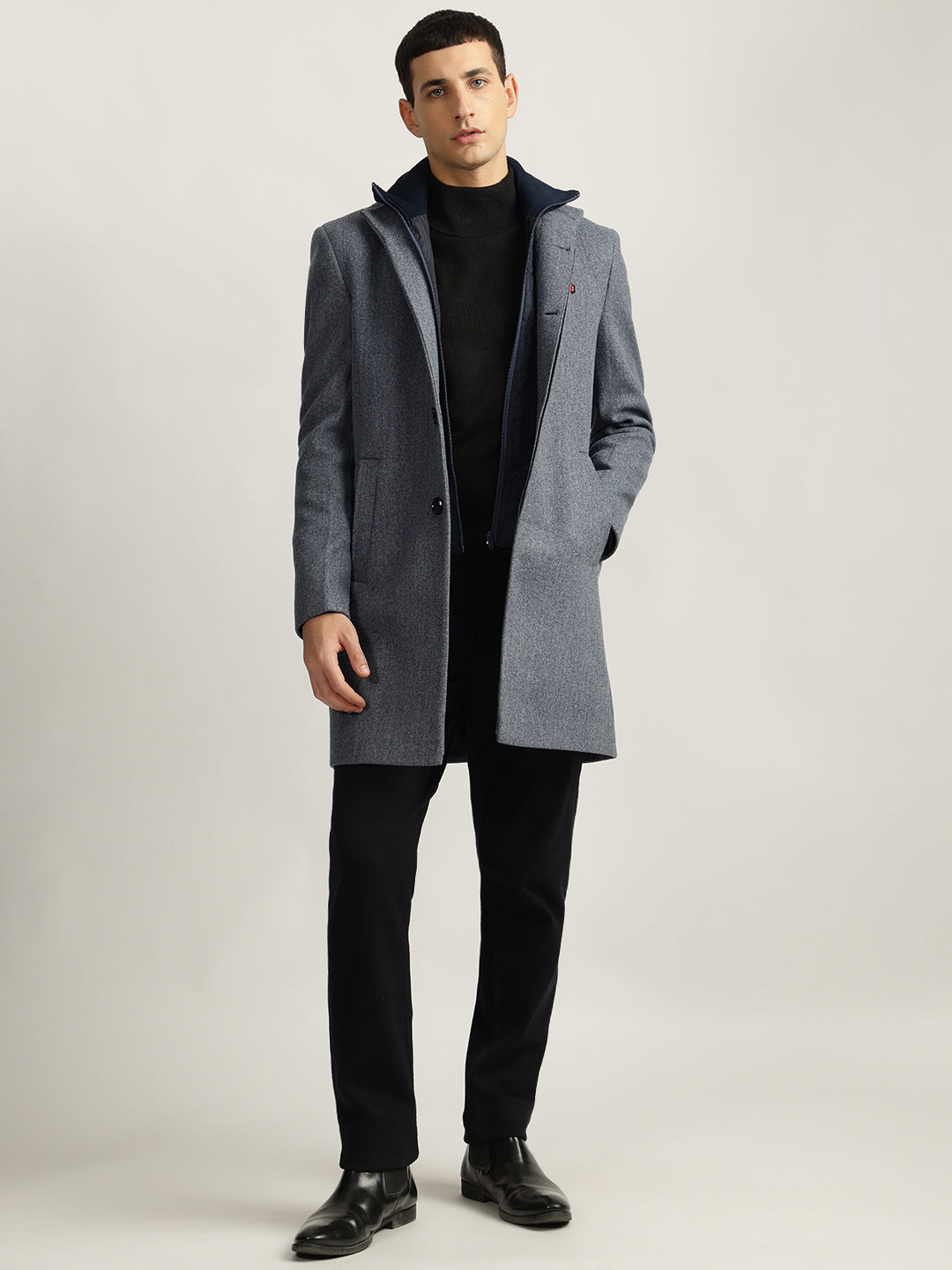 Iconic Men Grey Solid Stand Collar Full Sleeves Coat