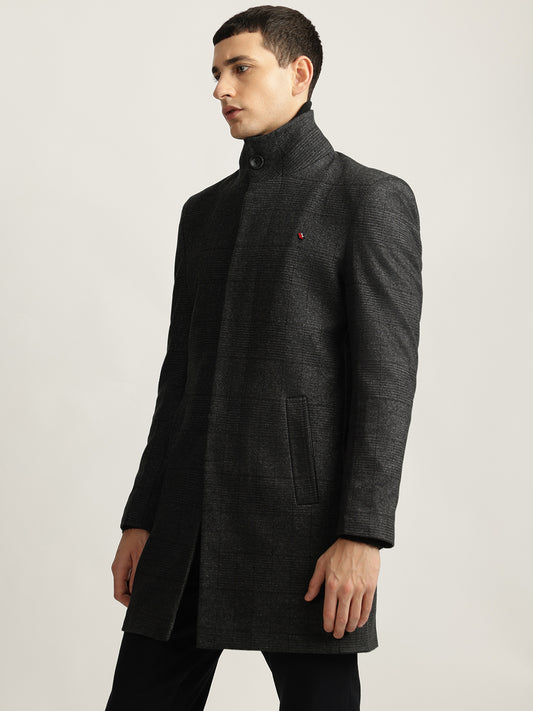 Iconic Men Black Checked Stand Collar Full Sleeves Coat