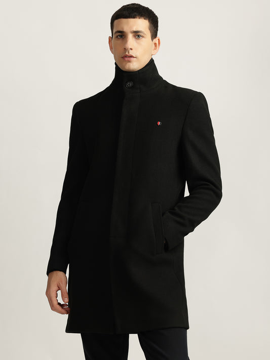 Iconic Men Black Solid Stand Collar Full Sleeves Coat