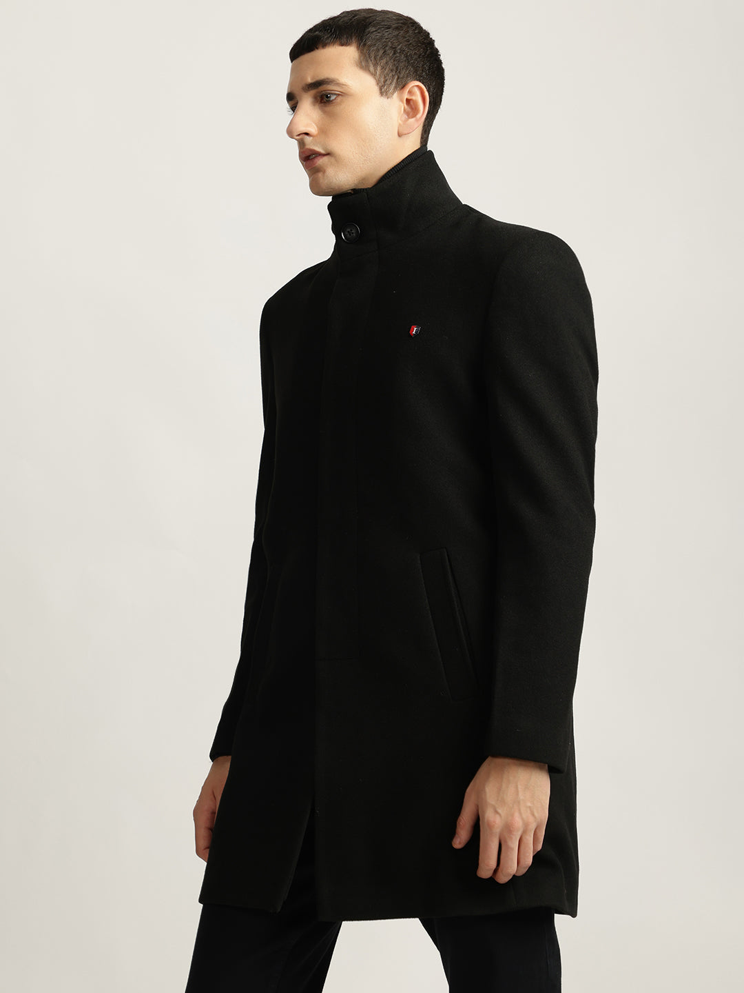 Iconic Men Black Solid Stand Collar Full Sleeves Coat