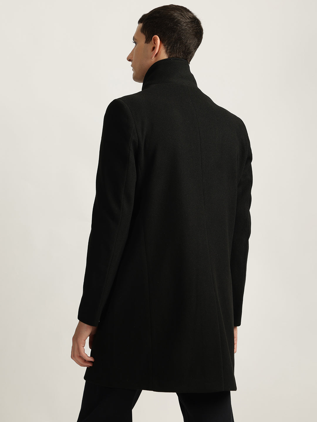 Iconic Men Black Solid Stand Collar Full Sleeves Coat