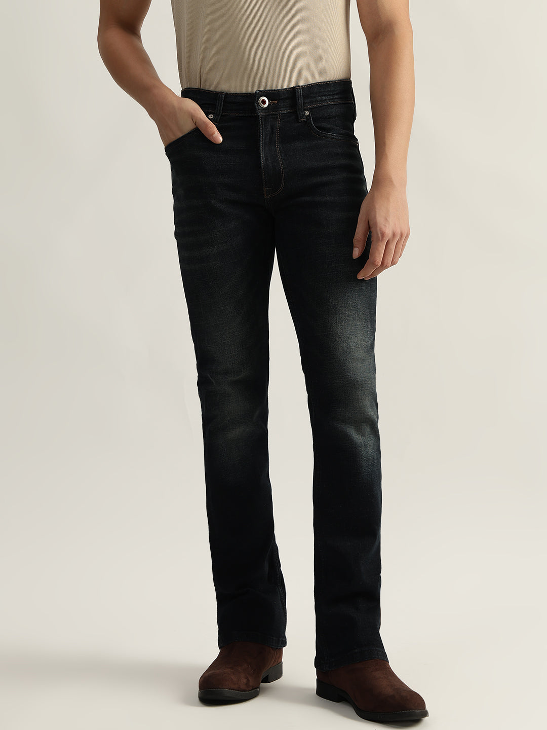 Iconic Men Blue Solid Boot Cut Mid-Rise Jeans