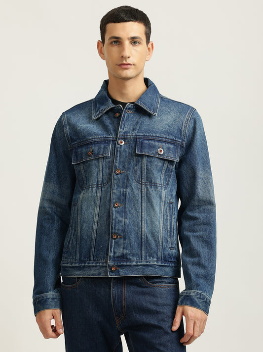 Iconic Men Blue Washed Spread Collar Full Sleeves Denim Jacket