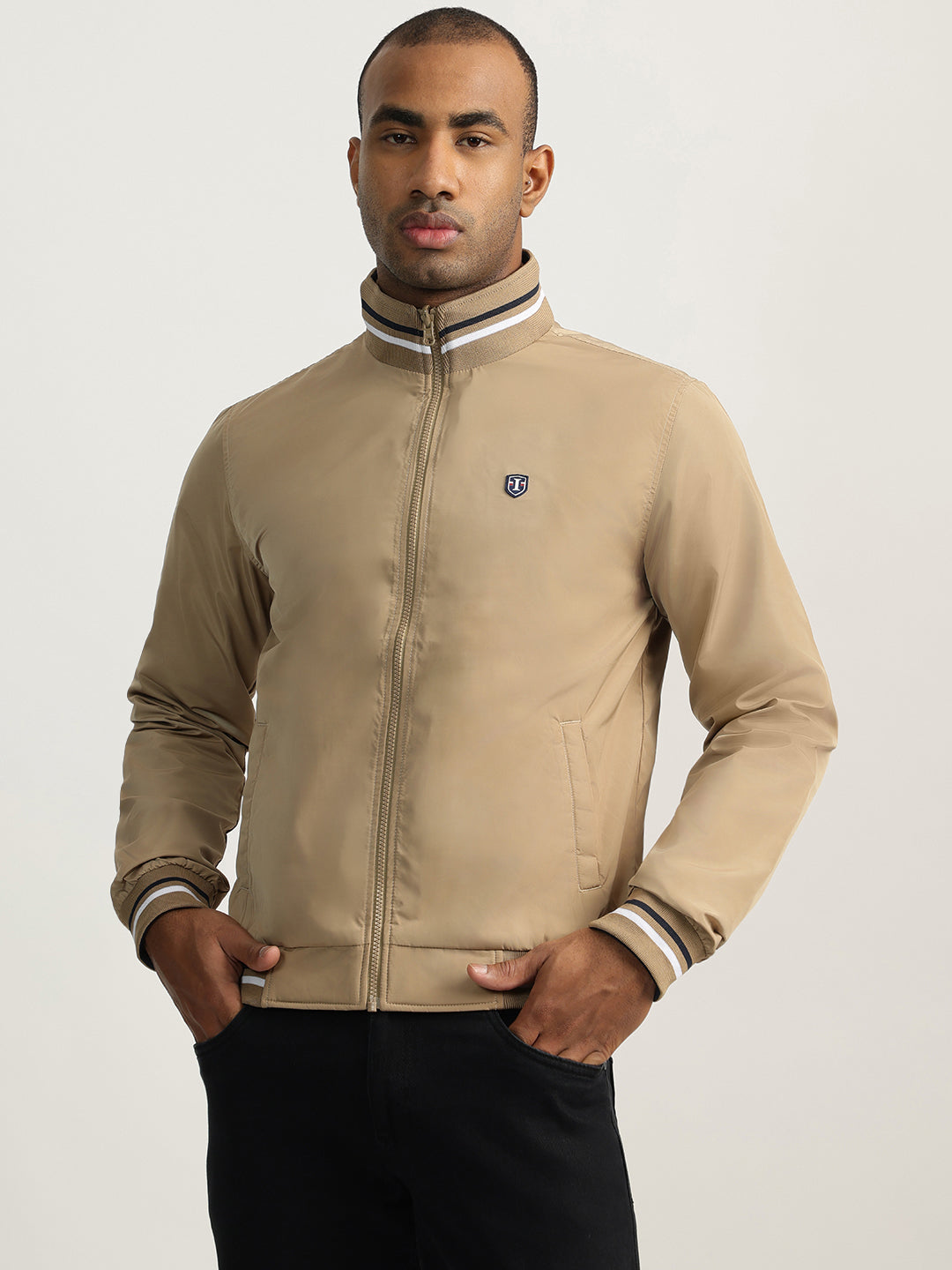 Iconic Men Beige Solid Stand Collar Full Sleeves Reversible Jacket